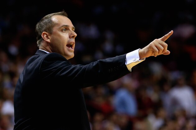 MIAMI, FL - DECEMBER 18: Frank Vogel of the Indiana Pacers coaches against the Miami Heat at American Airlines Arena on December 18, 2013 in Miami, Florida. NOTE TO USER: User expressly acknowledges and agrees that, by downloading and or using this photograph, User is consenting to the terms and conditions of the Getty Images License Agreement.  (Photo by Chris Trotman/Getty Images)