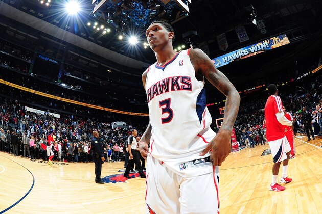 ATLANTA, GA - JANUARY 10:  Louis Williams #3 of the Atlanta Hawks walking off the court after a game agsint the Houston Rockets on January 10, 2014 at Philips Arena in Atlanta, Georgia.  NOTE TO USER: User expressly acknowledges and agrees that, by downloading and/or using this Photograph, user is consenting to the terms and conditions of the Getty Images License Agreement. Mandatory Copyright Notice: Copyright 2014 NBAE (Photo by Scott Cunningham/NBAE via Getty Images)