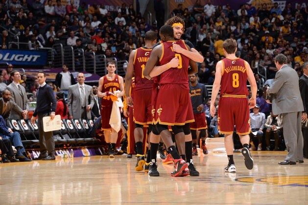 LOS ANGELES, CA - JANUARY 14: Luol Deng #9 and Anderson Varejao #17 of the Cleveland Cavaliers celebrate their team's victory over the Los Angeles Lakers at Staples Center on January 14, 2014 in Los Angeles, California. NOTE TO USER: User expressly acknowledges and agrees that, by downloading and/or using this Photograph, user is consenting to the terms and conditions of the Getty Images License Agreement. Mandatory Copyright Notice: Copyright 2014 NBAE (Photo by Andrew D. Bernstein/NBAE via Getty Images)