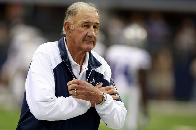 Sep 22, 2013; Arlington, TX, USA; Dallas Cowboys defensive coordinator Monte Kiffin watches warm ups before the game against the St. Louis Rams at AT&T Stadium. Mandatory Credit: Tim Heitman-USA TODAY Sports