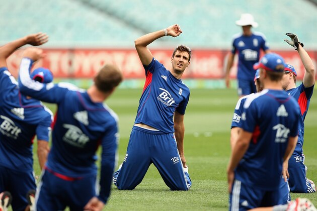 MELBOURNE, AUSTRALIA - JANUARY 11:  Steven Finn stretches during an England One Day International nets session at Melbourne Cricket Ground on January 11, 2014 in Melbourne, Australia.  (Photo by Robert Prezioso/Getty Images)