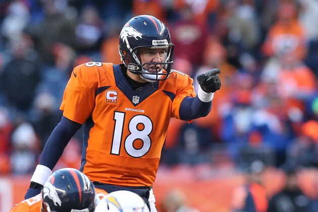 Jan 12, 2014; Denver, CO, USA; Denver Broncos quarterback Peyton Manning (18) points and signals prior to the snap against the San Diego Chargers during the 2013 AFC divisional playoff football game at Sports Authority Field at Mile High. Mandatory Credit: Matthew Emmons-USA TODAY Sports