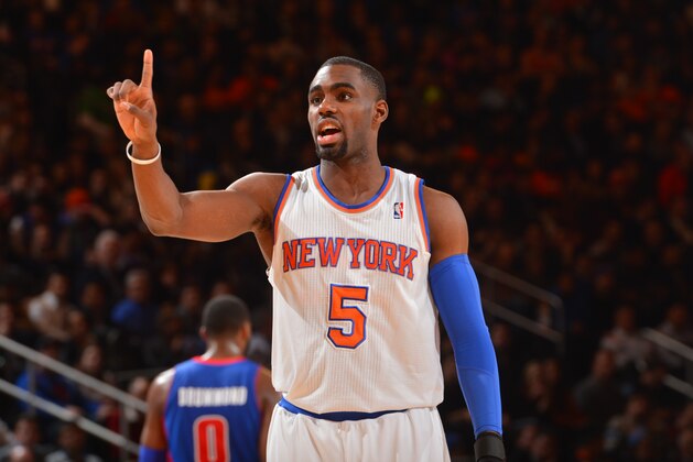NEW YORK, NY - JANUARY 7: Tim Hardaway Jr. #5 of the New York Knicks directs his team during the game against the Detroit Pistons on January 7, 2014 at Madison Square Garden in New York City, New York. NOTE TO USER: User expressly acknowledges and agrees that, by downloading and or using this photograph, User is consenting to the terms and conditions of the Getty Images License Agreement. Mandatory Copyright Notice: Copyright 2013 NBAE (Photo by Jesse D. Garrabrant/NBAE via Getty Images)
