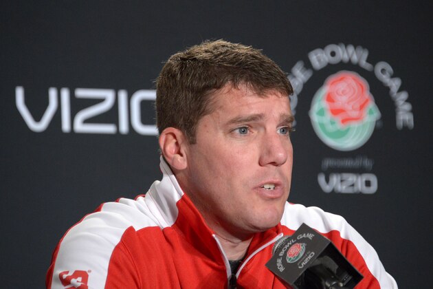 Dec, 28, 2012; Los Angeles, CA, USA; Wisconsin Badgers co-offensive coordinator Chris Ash at press conference for the 2013 Rose Bowl at the L.A. Hotel Downtown. Mandatory Credit: Kirby Lee/Image of Sport-USA TODAY Sports