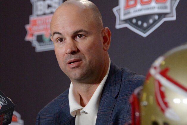 Jan 2, 2014; Newport Beach, CA, USA; Florida State Seminoles offensive coordinator Jeremy Pruitt at the 2014 BCS National Championship press conference at Newport Beach Marriott. Mandatory Credit: Kirby Lee-USA TODAY Sports