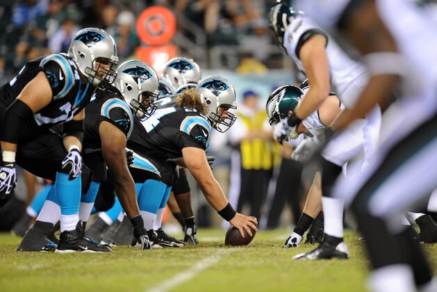 Aug 15, 2013; Philadelphia, PA, USA; The Carolina Panthers offensive line and Philadelphia Eagles defensive line get set for a play during the second half at Lincoln Financial Field. The Eagles won the game 14-9. Mandatory Credit: Joe Camporeale-USA TODAY Sports