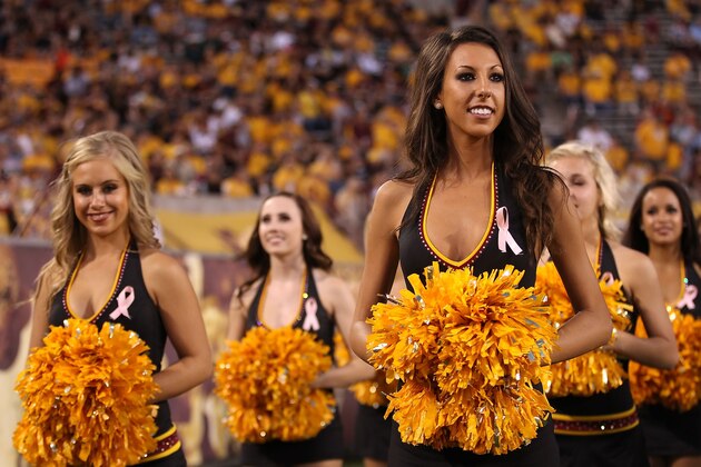 TEMPE, AZ - OCTOBER 29:  The Arizona State Sun Devils cheerleaders during the college football game against the Colorado Buffaloes at Sun Devil Stadium on October 29, 2011 in Tempe, Arizona.  The Sun Devils defeated the Buffaloes 48-14.  (Photo by Christian Petersen/Getty Images)