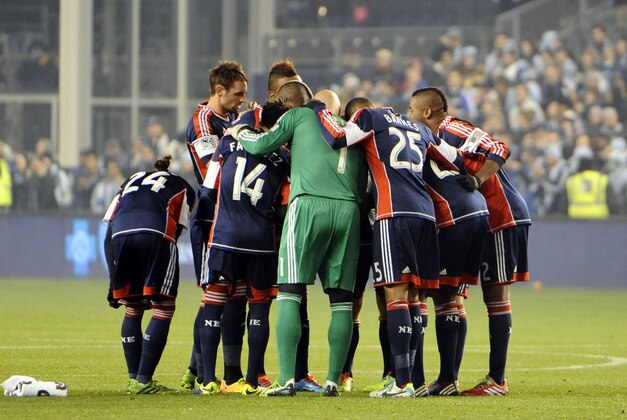 Nov 6, 2013; Kansas City, KS, USA; New England Revolution players huddle before the game against Sporting KC at Sporting Park. Kansas City won 3-1. Mandatory Credit: John Rieger-USA TODAY Sports
