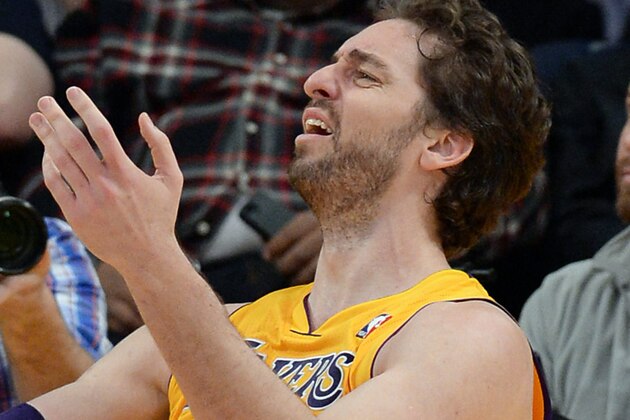 Jan 14, 2014; Los Angeles, CA, USA; Los Angeles Lakers center Pau Gasol (16) looks for a foul call in the second half of the game against the Cleveland Cavaliers at Staples Center. Cleveland Cavaliers won 120-118. Mandatory Credit: Jayne Kamin-Oncea-USA TODAY Sports