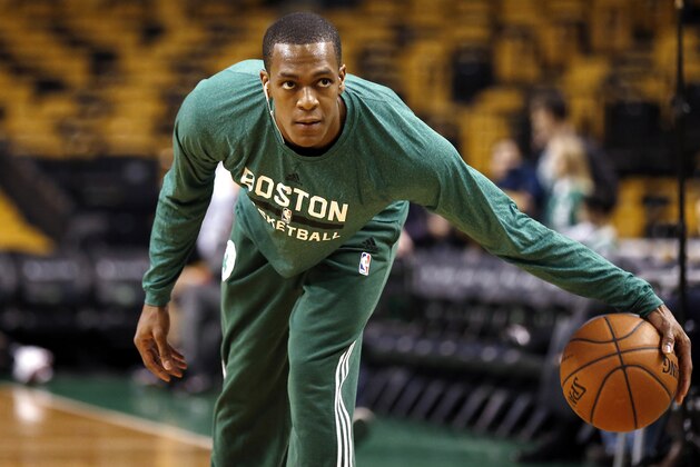 Dec 31, 2013; Boston, MA, USA;  Injured Boston Celtics point guard Rajon Rondo (9) dribbles before their game against the Atlanta Hawks at TD Garden. Mandatory Credit: Winslow Townson-USA TODAY Sports