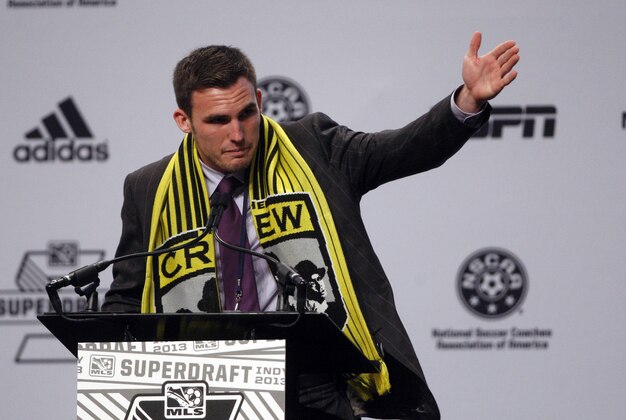Jan 17, 2013; Indianapolis, IN, USA; Ryan Finley (Notre Dame) is selected as the number nine overall pick to the Columbus Crew in the 2013 MLS Superdraft at the Indiana Convention Center.  Mandatory Credit: Jerry Lai-USA TODAY Sports