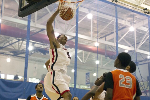 Jul 13, 2013; North Augusta, SC, USA; Team Scan player Chris McCullough (5) dunks the ball against the Mac Irvin Fire during the Nike Peach Jam at the Riverview Park Activities Center. Mandatory Credit: Joshua S. Kelly-USA TODAY Sports