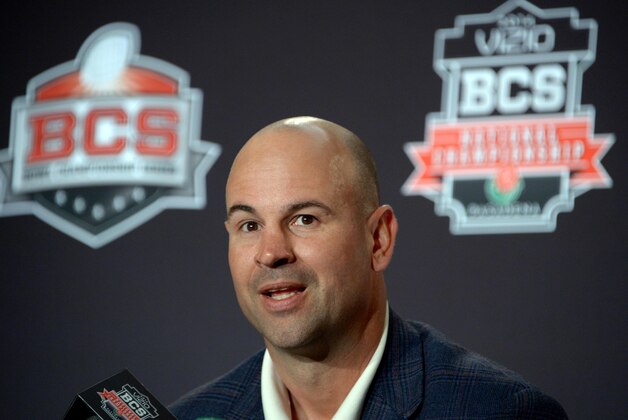 Jan 2, 2014; Newport Beach, CA, USA; Florida State Seminoles offensive coordinator Jeremy Pruitt at the 2014 BCS National Championship press conference at Newport Beach Marriott. Mandatory Credit: Kirby Lee-USA TODAY Sports
