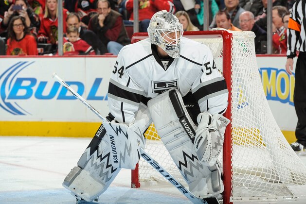 CHICAGO, IL - DECEMBER 15: Goalie Ben Scrivens #54 of the Los Angeles Kings guards the net during the NHL game against the Chicago Blackhawks on December 15, 2013 at the United Center in Chicago, Illinois. (Photo by Bill Smith/NHLI via Getty Images)