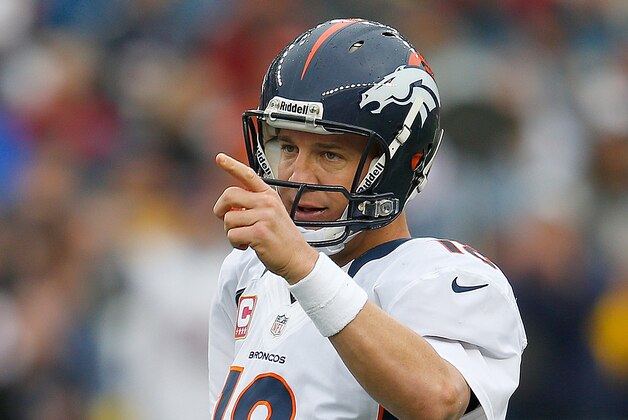 FOXBORO, MA - OCTOBER 7:   Peyton Manning #18 of the Denver Broncos gestures during a game against the New England Patriots at Gillette Stadium on October 7, 2012 in Foxboro, Massachusetts. (Photo by Jim Rogash/Getty Images)