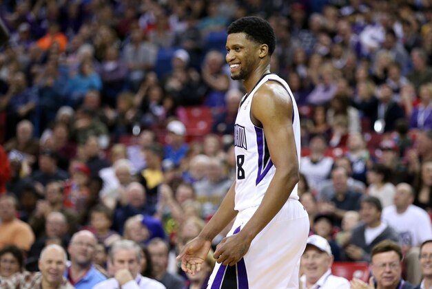 Jan 12, 2014; Sacramento, CA, USA; Sacramento Kings small forward Rudy Gay (8) smiles after a basket and foul against the Cleveland Cavaliers during the third quarter at Sleep Train Arena. The Sacramento Kings defeated the Cleveland Cavaliers 124-80. Mandatory Credit: Kelley L Cox-USA TODAY Sports