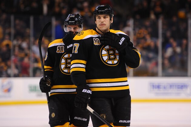 BOSTON, MA - NOVEMBER 30: David Krejci #46 and Milan Lucic #17 of the Boston Bruins wait for a face off against the Columbus Blue Jackets at the TD Garden on November 30, 2013 in Boston, Massachusetts.  (Photo by Steve Babineau/NHLI via Getty Images)
