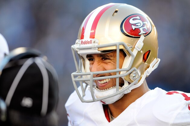CHARLOTTE, NC - JANUARY 12:  Colin Kaepernick #7 of the San Francisco 49ers looks on late in the fourth quarter against the Carolina Panthers during the NFC Divisional Playoff Game at Bank of America Stadium on January 12, 2014 in Charlotte, North Carolina. The 49ers defeated the Panthers 23-10.  (Photo by Grant Halverson/Getty Images)