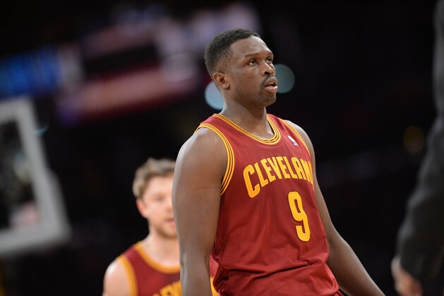 LOS ANGELES, CA - JANUARY 14: Luol Deng #9 of the Cleveland Cavaliers looks on during a game against the Los Angeles Lakers at Staples Center on January 14, 2014 in Los Angeles, California. NOTE TO USER: User expressly acknowledges and agrees that, by downloading and/or using this Photograph, user is consenting to the terms and conditions of the Getty Images License Agreement. Mandatory Copyright Notice: Copyright 2014 NBAE (Photo by Noah Graham/NBAE via Getty Images)