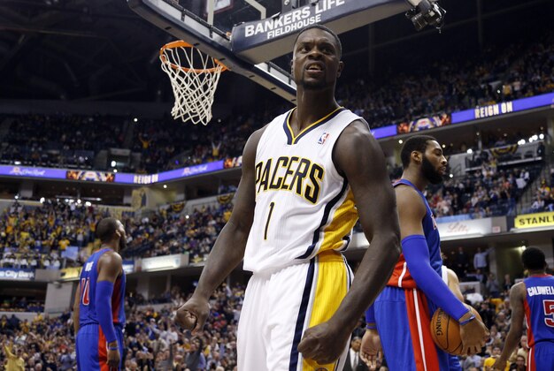 Dec 16, 2013; Indianapolis, IN, USA; Indiana Pacers guard Lance Stephenson (1) reacts after scoring and getting fouled during a game against the Detroit Pistons at Bankers Life Fieldhouse. Detroit defeats Indiana 101-96. Mandatory Credit: Brian Spurlock-USA TODAY Sports