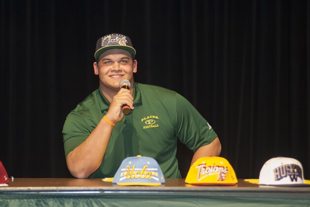 Feb 6, 2013; Auburn, CA, USA; Eddie Vanderdoes announces he will attend Notre Dame on national signing day at Placer High School. Mandatory Credit: Ed Szczepanski-USA TODAY Sports