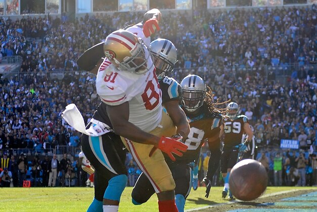 CHARLOTTE, NC - JANUARY 12: Anquan Boldin #81 of the San Francisco 49ers fails to make a catch in the endzone in the second quarter against the Carolina Panthers during the NFC Divisional Playoff Game at Bank of America Stadium on January 12, 2014 in Charlotte, North Carolina.  (Photo by Grant Halverson/Getty Images)