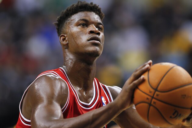 INDIANAPOLIS, IN - OCTOBER 05: Jimmy Butler #21 of the Chicago Bulls seen during action against the Indiana Pacers on October 5, 2013 at Bankers Life Fieldhouse in Indianapolis, Indiana. Chicago defeated Indiana 82-76. NOTE TO USER: User expressly acknowledges and agrees that, by downloading and or using this Photograph, user is consenting to the terms and conditions of the Getty Images License Agreement. (Photo by Michael Hickey/Getty Images)
