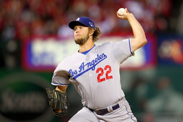 ST LOUIS, MO - OCTOBER 18:  Clayton Kershaw #22 of the Los Angeles Dodgers pitches in the first inning against the St. Louis Cardinals in Game Six of the National League Championship Series at Busch Stadium on October 18, 2013 in St Louis, Missouri.  (Photo by Dilip Vishwanat/Getty Images)
