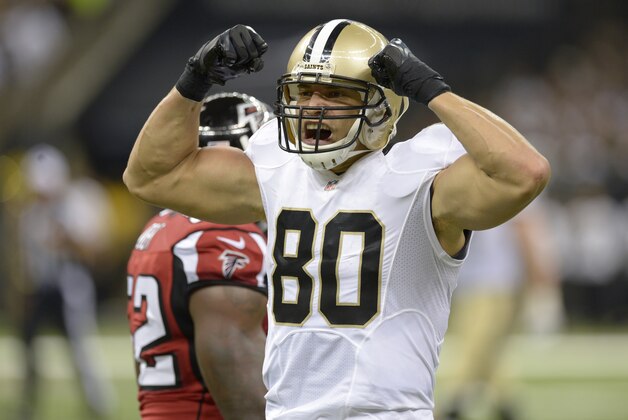 Sep 8, 2013; New Orleans, LA, USA; New Orleans Saints tight end Jimmy Graham (80) celebrates his reception for a first down against the Atlanta Falcons during the second quarter at the Mercedes-Benz Superdome. Mandatory Credit: John David Mercer-USA TODAY Sports
