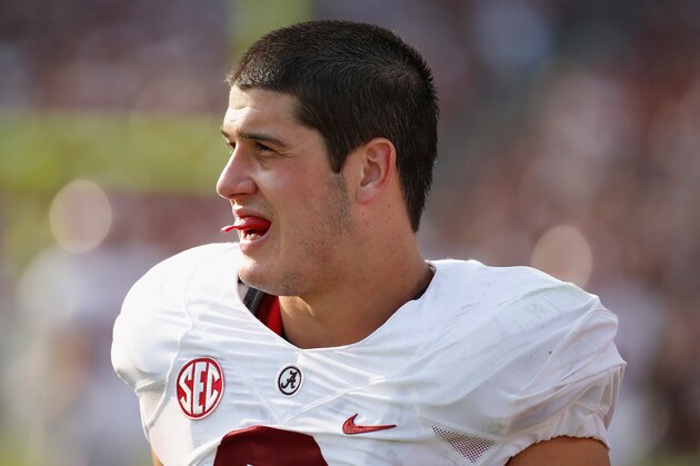 COLLEGE STATION, TX - SEPTEMBER 14:  Vinnie Sunseri #3 of the Alabama Crimson Tide watches the game against the Texas A&M Aggies at Kyle Field on September 14, 2013 in College Station, Texas.  (Photo by Scott Halleran/Getty Images)