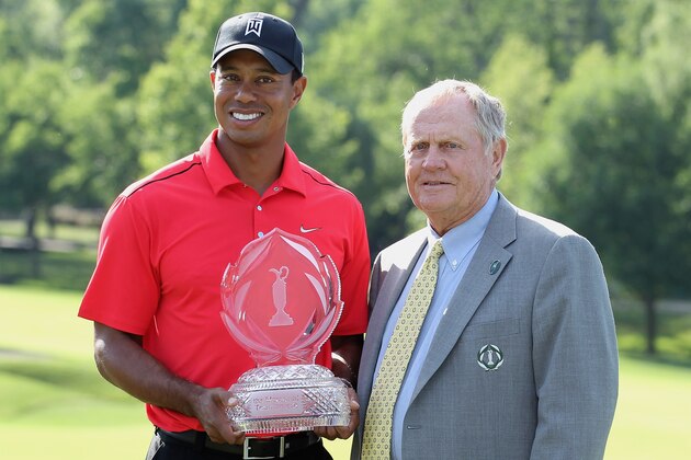 DUBLIN, OH - JUNE 03:  Tournament founder Jack Nicklaus poses with Tiger Woods after Tiger's two-stroke victory at the Memorial Tournament presented by Nationwide Insurance at Muirfield Village Golf Club on June 3, 2012 in Dublin, Ohio.  (Photo by Scott Halleran/Getty Images)
