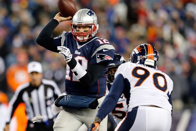 FOXBORO, MA - NOVEMBER 24:  Quarterback Tom Brady #12 of the New England Patriots looks to pass against the Denver Broncos during a game at Gillette Stadium on November 24, 2013 in Foxboro, Massachusetts.  (Photo by Jim Rogash/Getty Images)