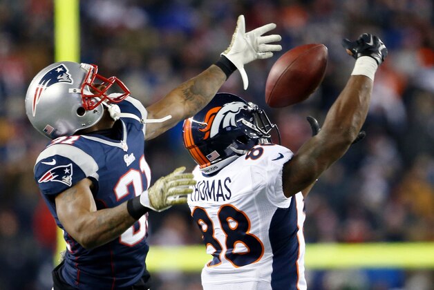 Nov 24, 2013; Foxborough, MA, USA; New England Patriots cornerback Aqib Talib (31) defends a pass intended for Denver Broncos wide receiver Demaryius Thomas (88) in the fourth quarter at Gillette Stadium. The New England Patriots defeated the Denver Broncos 34-31. Mandatory Credit: David Butler II-USA TODAY Sports