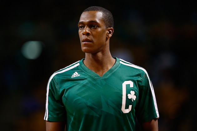 BOSTON, MA - JANUARY 15:  Rajon Rondo #9 of the Boston Celtics warms up prior to the game against the Toronto Raptors at TD Garden on January 15, 2014 in Boston, Massachusetts. NOTE TO USER: User expressly acknowledges and agrees that, by downloading and or using this photograph, User is consenting to the terms and conditions of the Getty Images License Agreement.  (Photo by Jared Wickerham/Getty Images)