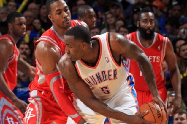 OKLAHOMA CITY, OK - DECEMBER 29:  Kendrick Perkins #5  of the Oklahoma City Thunder looks to pass the ball during an NBA game on December 29, 2013 at the Chesapeake Energy Arena in Oklahoma City, Oklahoma. NOTE TO USER: User expressly acknowledges and agrees that, by downloading and or using this Photograph, user is consenting to the terms and conditions of the Getty Images License Agreement. Mandatory Copyright Notice: Copyright 2013 NBAE (Photo by Layne Murdoch/NBAE via Getty Images)