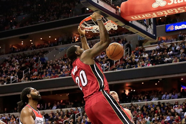 WASHINGTON, DC - JANUARY 15: Greg Oden #20 of the Miami Heat dunks the ball against the Washington Wizards during the first half at Verizon Center on January 15, 2014 in Washington, DC. NOTE TO USER: User expressly acknowledges and agrees that, by downloading and or using this photograph, User is consenting to the terms and conditions of the Getty Images License Agreement. (Photo by Rob Carr/Getty Images) WASHINGTON, DC - JANUARY 15: Greg Oden #20 of the Miami Heat dunks the ball against the Washington Wizards during the first half at Verizon Center on January 15, 2014 in Washington, DC. NOTE TO USER: User expressly acknowledges and agrees that, by downloading and or using this photograph, User is consenting to the terms and conditions of the Getty Images License Agreement. (Photo by Rob Carr/Getty Images)