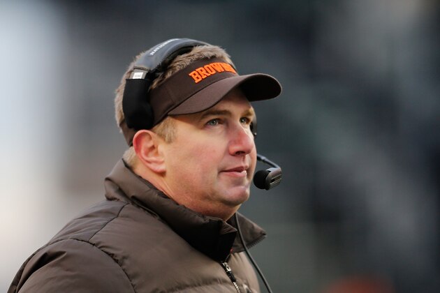 FOXBORO, MA - DECEMBER 8: Rob Chudzinski of the Cleveland Browns reacts during a game with the New England Patriots at Gillette Stadium on December 8, 2013 in Foxboro, Massachusetts. (Photo by Jim Rogash/Getty Images)