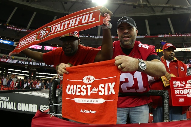 ATLANTA, GA - JANUARY 20:  San Francisco 49ers fans celebrate after the 49ers defeat the Atlanta Falcons 28-24 in the NFC Championship game at the Georgia Dome on January 20, 2013 in Atlanta, Georgia.  (Photo by Mike Ehrmann/Getty Images)