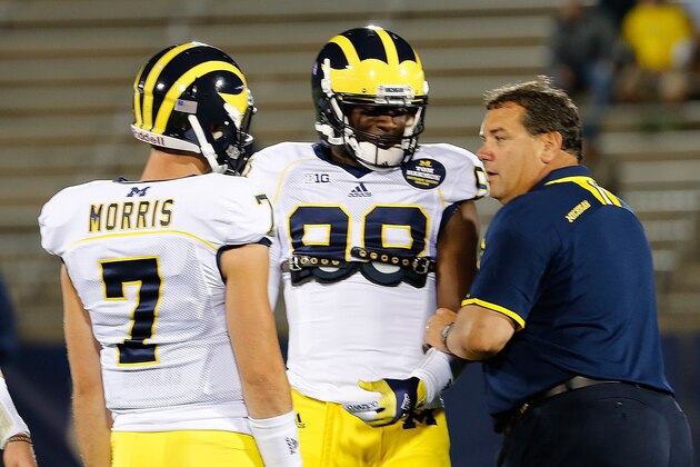 EAST HARTFORD, CT - SEPTEMBER 21:  Brady Hoke, coach of the Michigan Wolverines, talks with Devin Gardner #98 and Shane Morris #7 before a game with the Connecticut Huskies at Rentschler Field on September 21, 2013 in East Hartford, Connecticut.   (Photo by Jim Rogash/Getty Images)