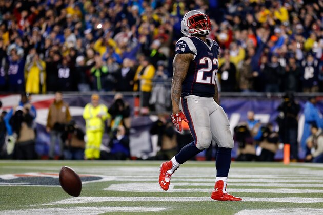 FOXBORO, MA - JANUARY 11:  Stevan Ridley #22 of the New England Patriots celebrates with teammates Matthew Slater #18 and James Develin #46 after scoring a touchdown in the fourth quarter against the Indianapolis Colts during the AFC Divisional Playoff game at Gillette Stadium on January 11, 2014 in Foxboro, Massachusetts.  (Photo by Jim Rogash/Getty Images)