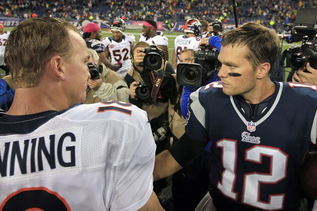 FILE - In this Oct. 7, 2012, file photo, Denver Broncos quarterback Peyton Manning, left, and New England Patriots quarterback Tom Brady, right, speak in the middle of the field after the Patriots beat the Broncos 31-21 in an NFL football game in Foxborough, Mass. Manning and Brady will square off for the 14th time Sunday, Nov. 24, 2013, when the Broncos travel to New England. (AP Photo/Steven Senne, File)