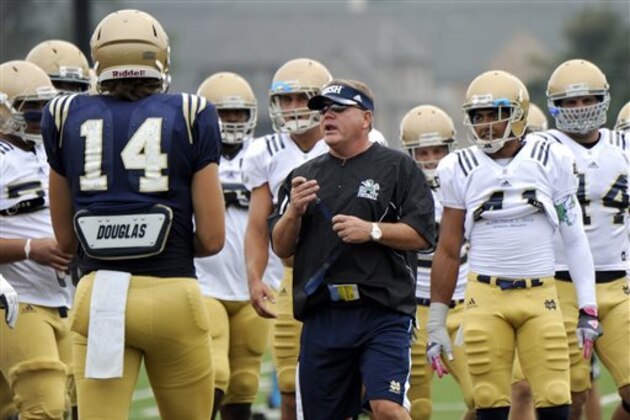 Notre Dame football coach Brian Kelly talks to his team during NCAA college football  practice Thursday Aug. 22, 2013, in South Bend, Ind. (AP Photo/Joe Raymond)