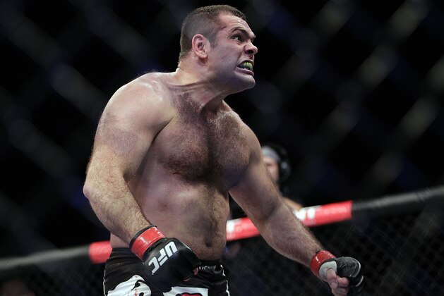 Gabriel Gonzaga, from Brazil, reacts after defeating Ben Rothwell, from the U.S,  during their heavyweight mixed martial arts bout at the Ultimate Fighting Championship (UFC) in Sao Paulo, Brazil, Saturday, Jan. 19, 2013. (AP Photo/Andre Penner)