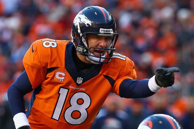 DENVER, CO - JANUARY 12:   Peyton Manning #18 of the Denver Broncos calls a play during the AFC Divisional Playoff Game against the San Diego Chargers at Sports Authority Field at Mile High on January 12, 2014 in Denver, Colorado.  (Photo by Doug Pensinger/Getty Images)