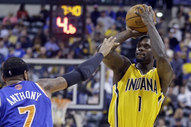 Indiana Pacers guard Lance Stephenson shoots over New York Knicks forward Carmelo Anthony during the second half of an NBA basketball game in Indianapolis, Thursday, Jan. 16, 2014. The Pacers defeated the Knicks 117-89. (AP Photo/Michael Conroy) Indiana Pacers guard Lance Stephenson shoots over New York Knicks forward Carmelo Anthony during the second half of an NBA basketball game in Indianapolis, Thursday, Jan. 16, 2014. The Pacers defeated the Knicks 117-89. (AP Photo/Michael Conroy)