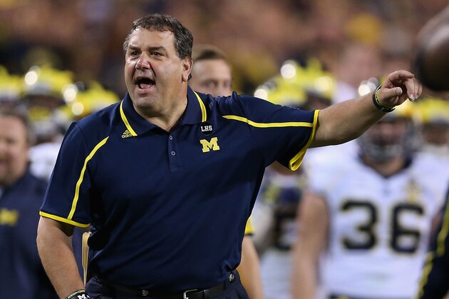 TEMPE, AZ - DECEMBER 28:  Head coach Brady Hoke of the Michigan Wolverines reacts to a non call during the first quarter of the Buffalo Wild Wings Bowl against the Kansas State Wildcats at Sun Devil Stadium on December 28, 2013 in Tempe, Arizona.  (Photo by Christian Petersen/Getty Images)