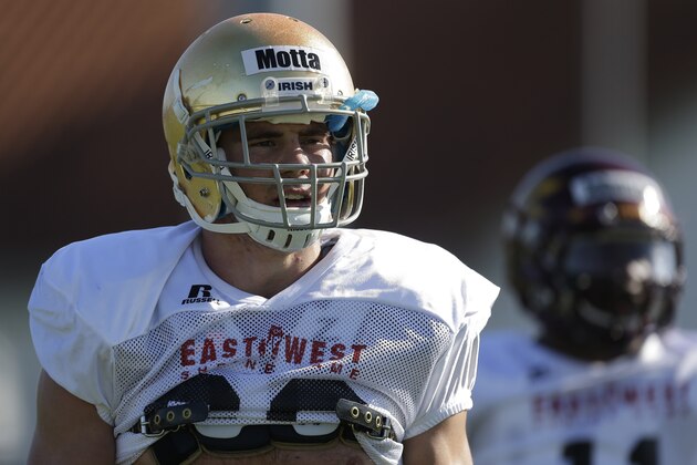West safety Zeke Motta, of Notre Dame,during practice for the East West Shrine football game Tuesday, Jan. 15, 2013, in St. Petersburg, Fla. The West squad takes on the East on Saturday afternoon. (AP Photo/Chris O'Meara)