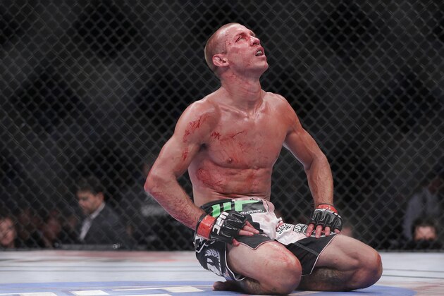Donald Cerrone reacts after finishing a lightweight mixed martial arts bout with Karl Noons during UFC 160, Saturday, May 25, 2013, in Las Vegas. Cerrone won by unanimous decision. (AP Photo/Julie Jacobson)