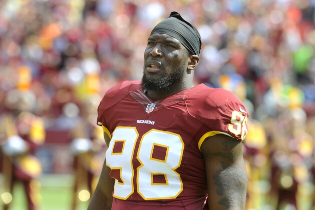 Washington Redskins linebacker Brian Orakpo before a NFL football game between the Redskins and the Detroit Lions in Landover, Md., Sunday, Sept. 22, 2013. (AP Photo/Richard Lipski)