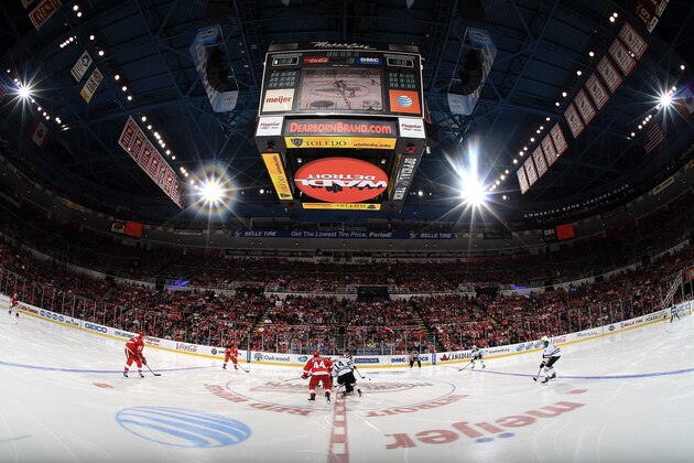 DETROIT, MI - NOVEMBER 7: Members of the Detroit Red Wings and the Dallas Stars face-off for the beginning of the third period during an NHL game at Joe Louis Arena on November 7, 2013 in Detroit, Michigan. Dallas defeated Detroit 4-3 in OT (Photo by Dave Reginek/NHLI via Getty Images)